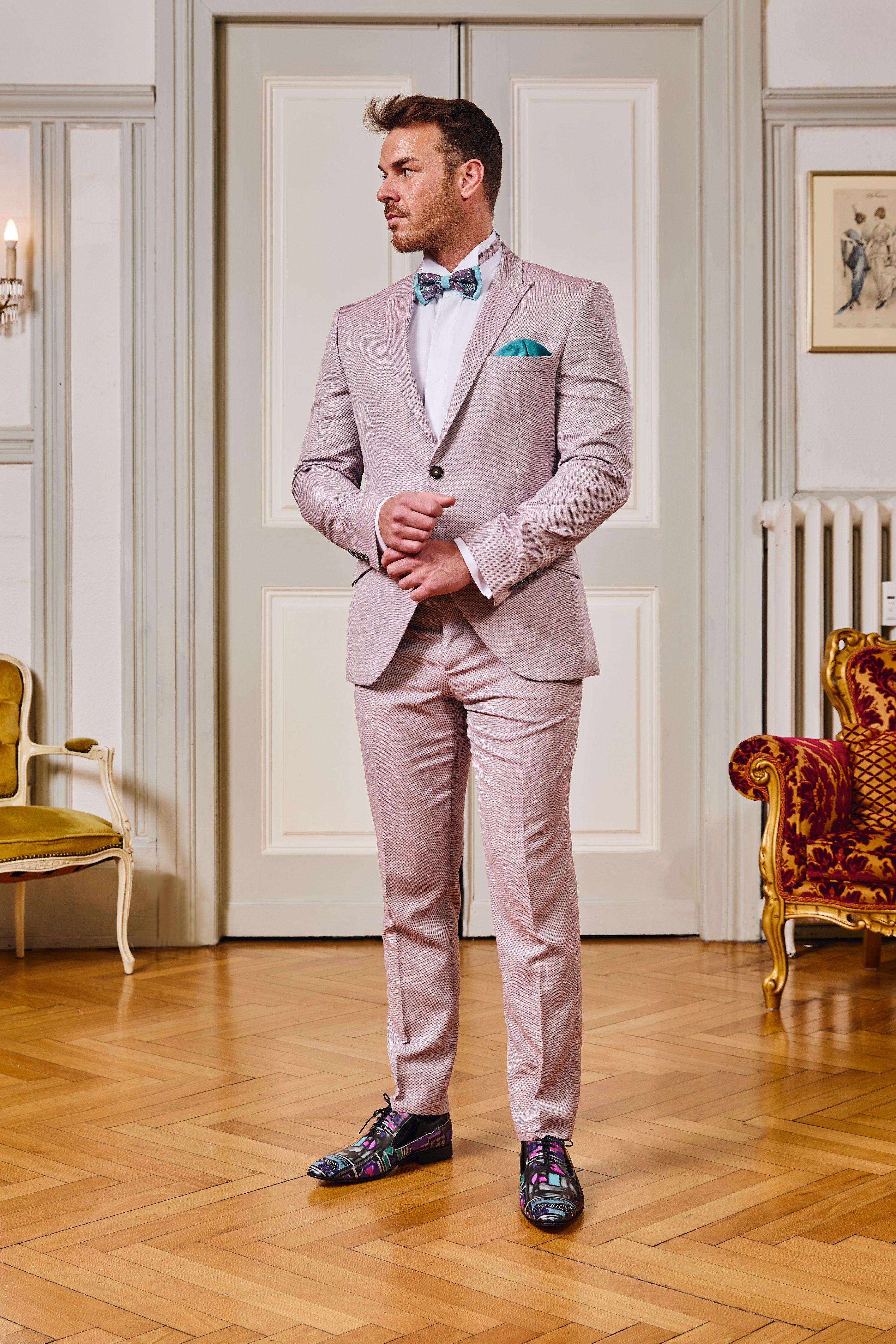 Herrenschuh, extravagant mit pittoresken Ornamenten, handbemalt, Bunt