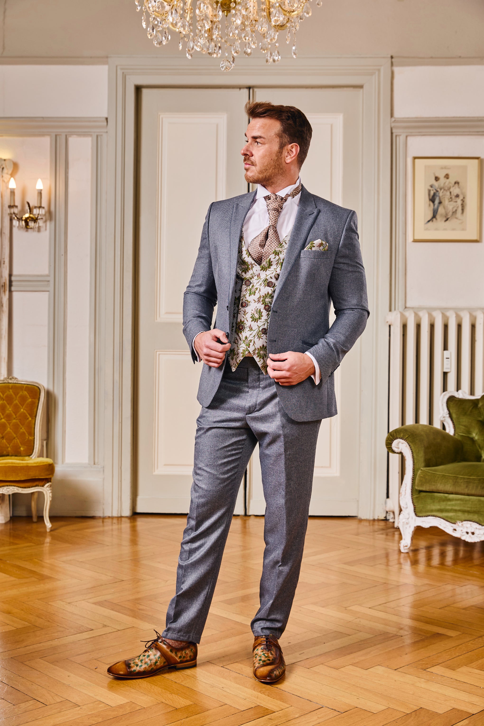 Handgemachter Herrenschuh, handgetupft, bunt, Braun,Grün, Patchwork mit Veloursleder, extravagant