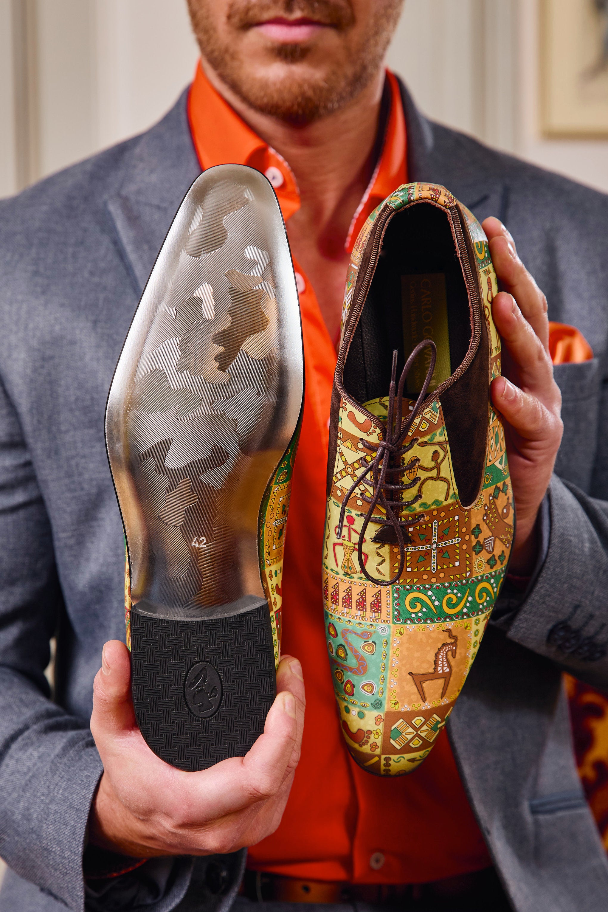 Herrenschuh, extravagant mit pittoresken Ornamenten, handbemalt, Bunt, Gelb, Orange, grün, Braun