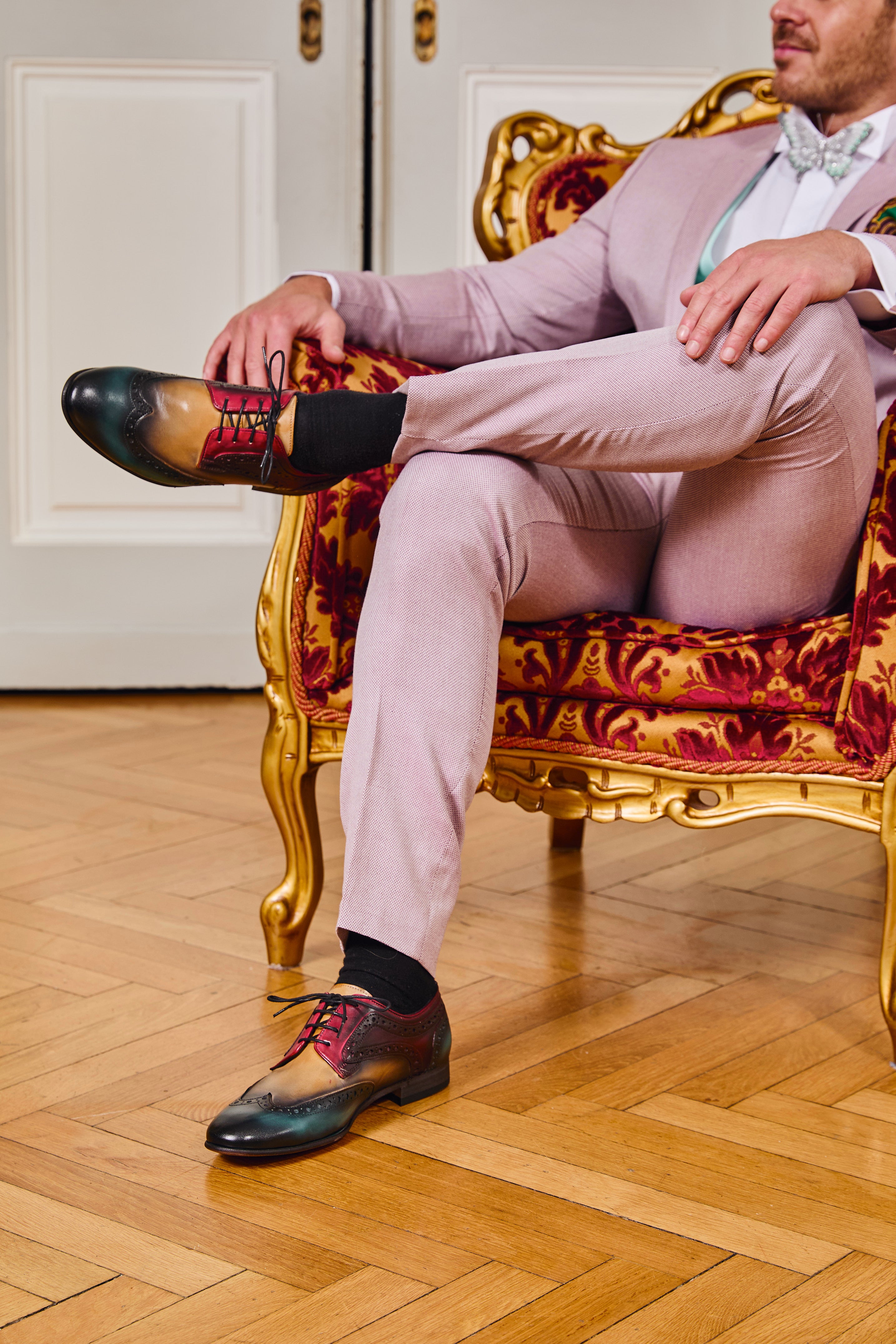 Handgemachter Herrenschuh, Budapester Style, Rot-Gelb-Grün, Bunt