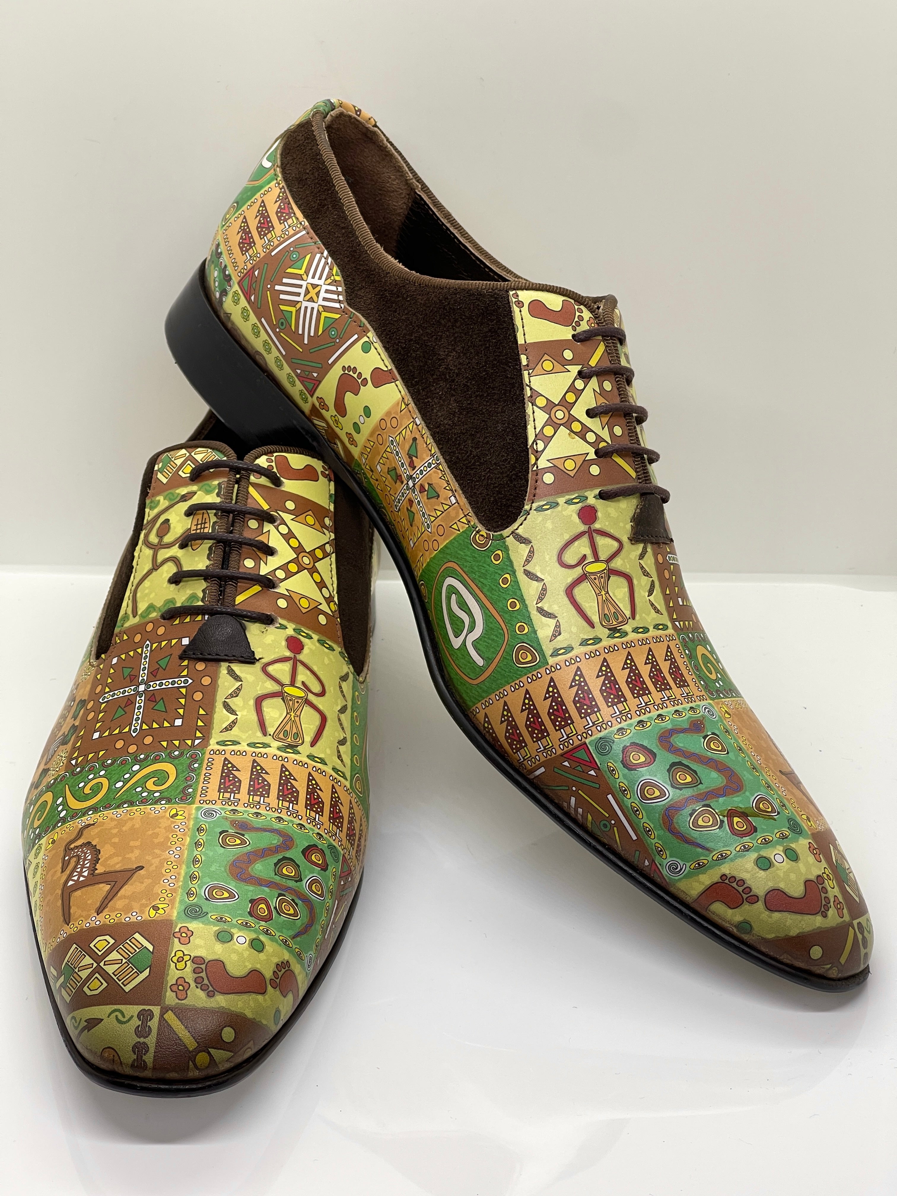 Herrenschuh, extravagant mit pittoresken Ornamenten, handbemalt, Bunt, Gelb, Orange, grün, Braun