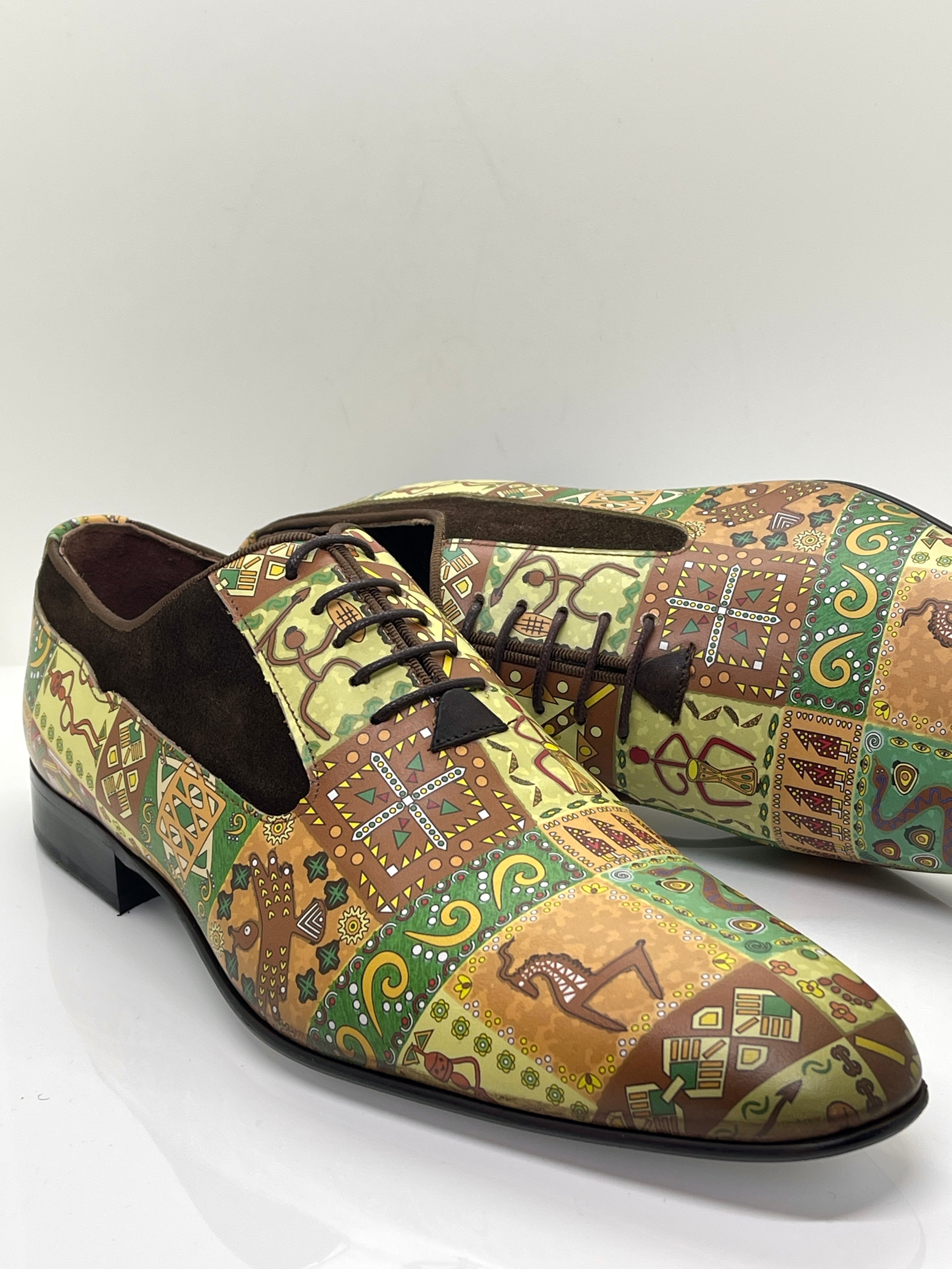 Herrenschuh, extravagant mit pittoresken Ornamenten, handbemalt, Bunt, Gelb, Orange, grün, Braun