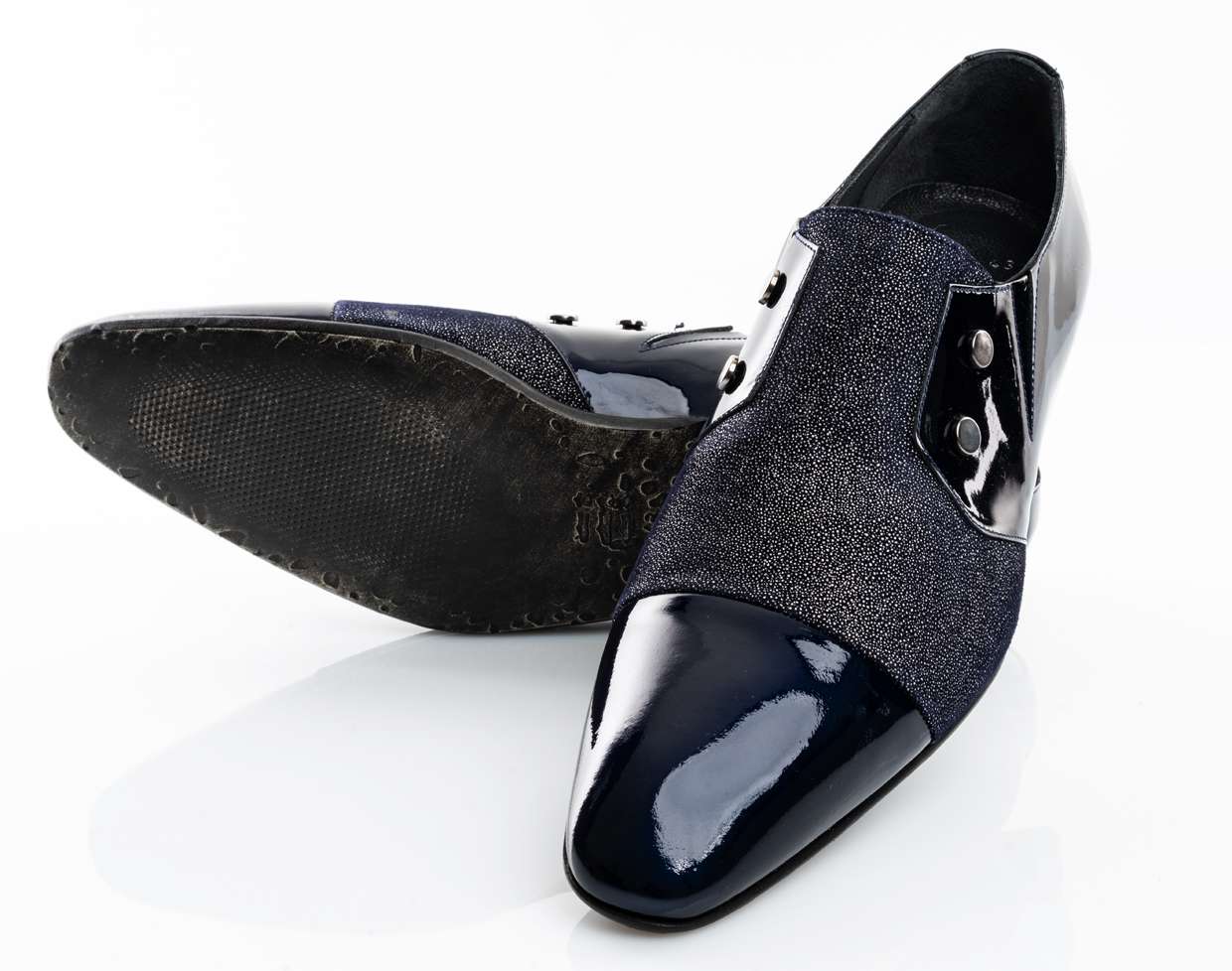 Handgemachter Herrenschuh, Slipper mit Patchwork-Einsatz im Glitterlook, dunkelblau, echtes Leder