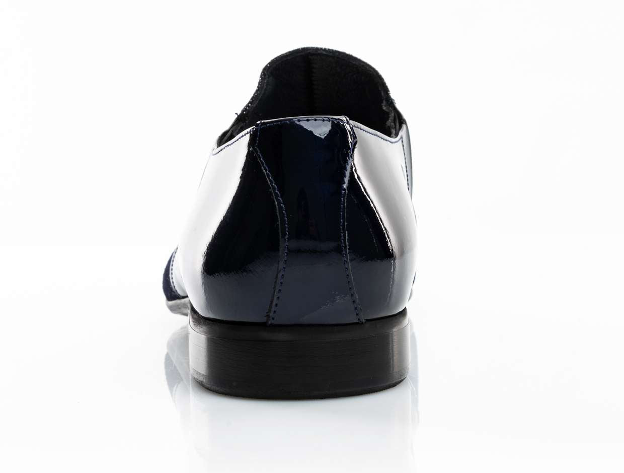 Handgemachter Herrenschuh, Slipper mit Patchwork-Einsatz im Glitterlook, dunkelblau, echtes Leder