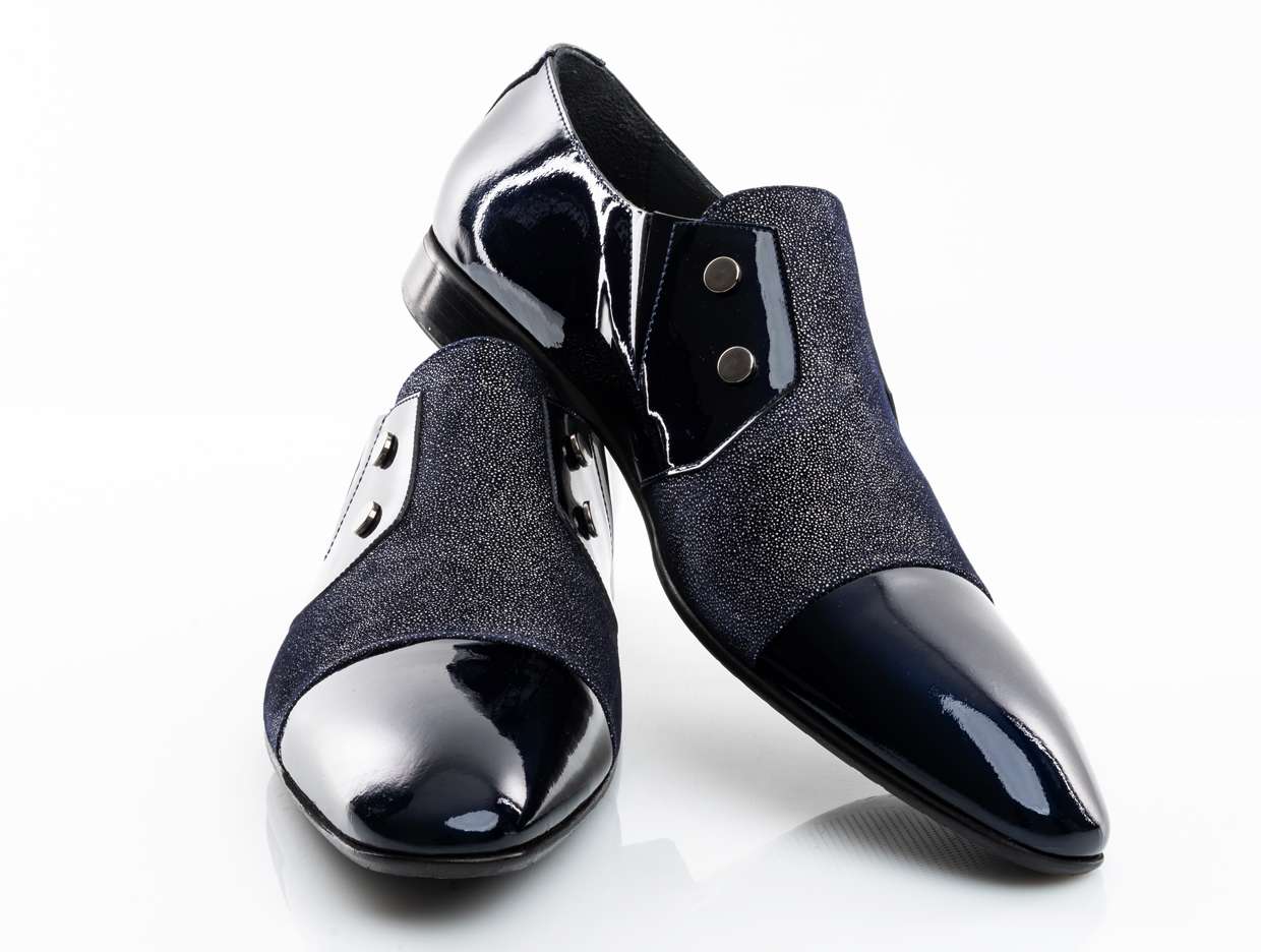 Handgemachter Herrenschuh, Slipper mit Patchwork-Einsatz im Glitterlook, dunkelblau, echtes Leder