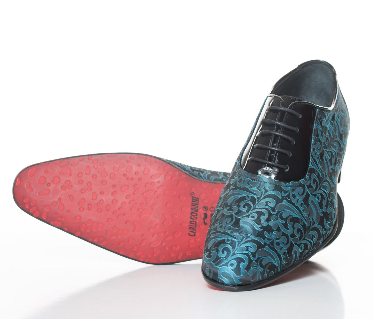 Handgemachter Herrenschuh, mit Paisley Ornamenten, Lack, schwarz/türkisblau