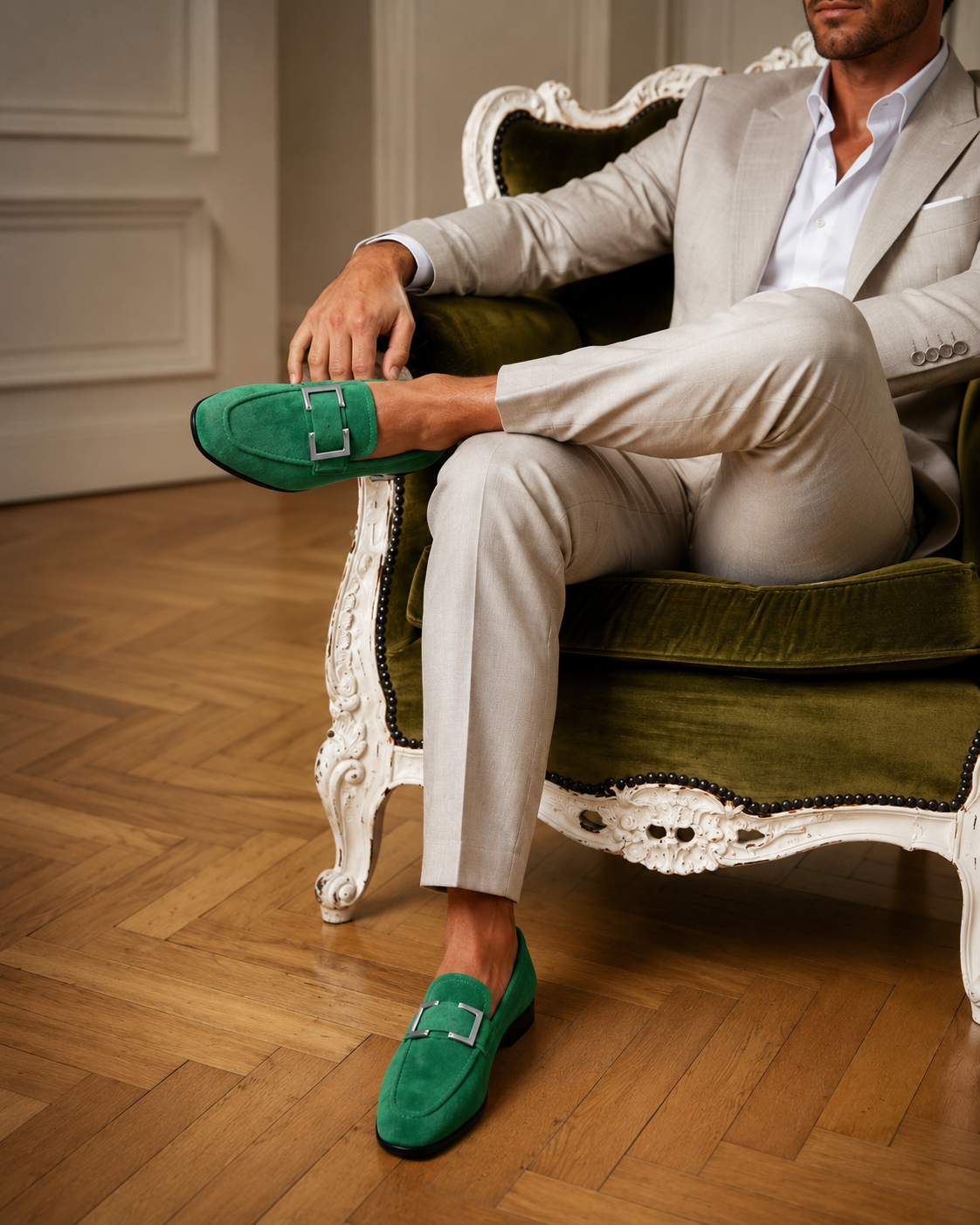 Herren Loafer aus Veloursleder – Smaragdgrün | Slipper mit Metallschließe