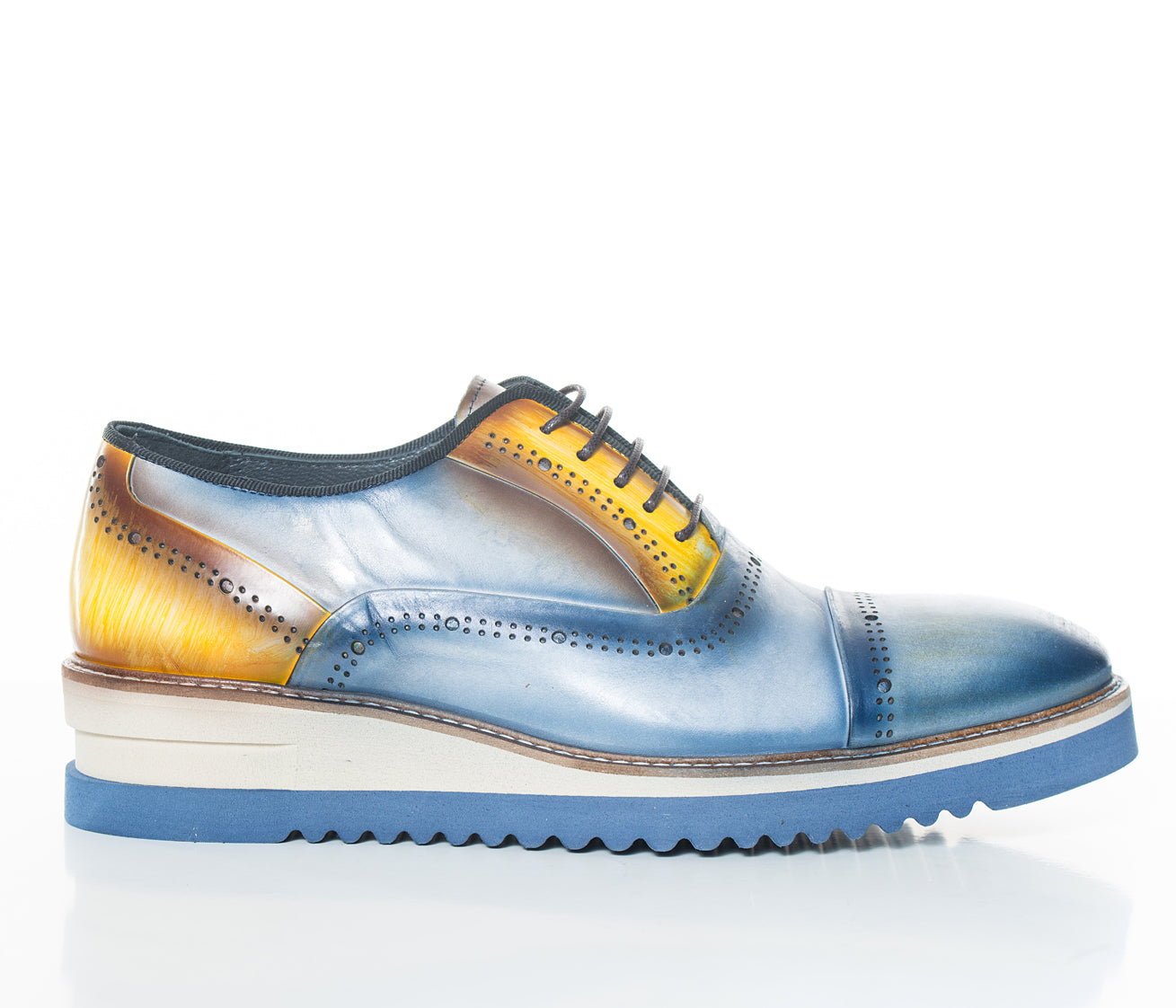 Handgemachter Herrenschuh, Freizeitschuh, blau-gelb, patiniert, leichte Sohle, Sale