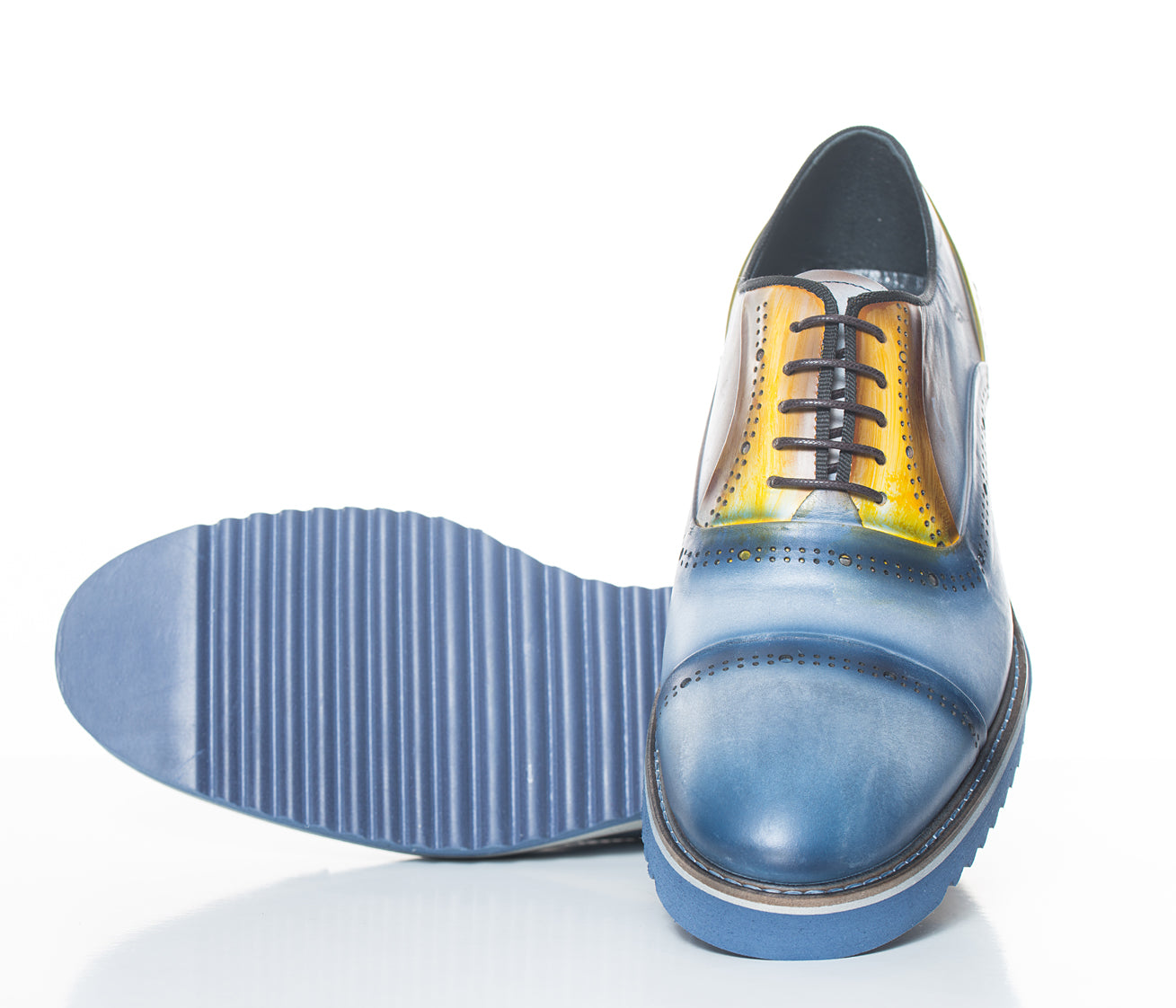 Handgemachter Herrenschuh, Freizeitschuh, blau-gelb, patiniert, leichte Sohle, Sale