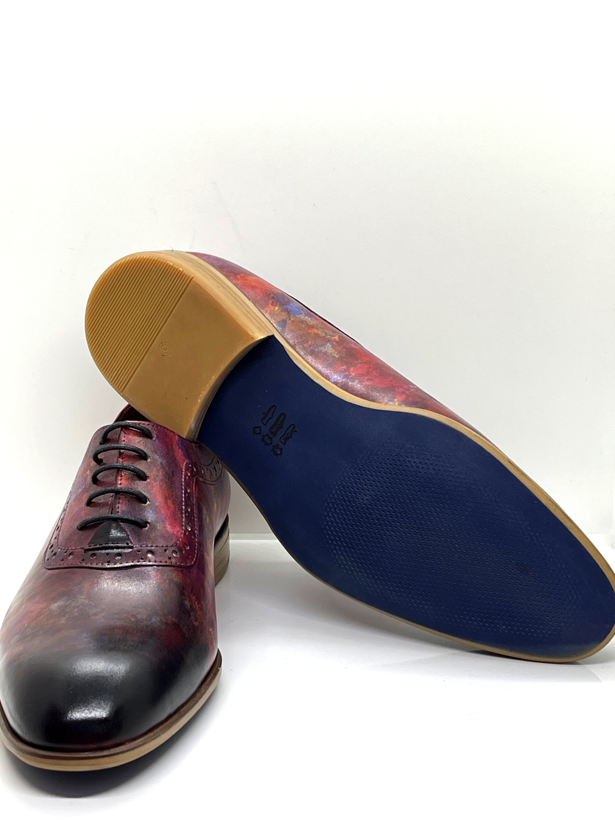 Handgemachter Herrenschuh, handgetupft, bunt, fuchsia, lila, blau, Rot