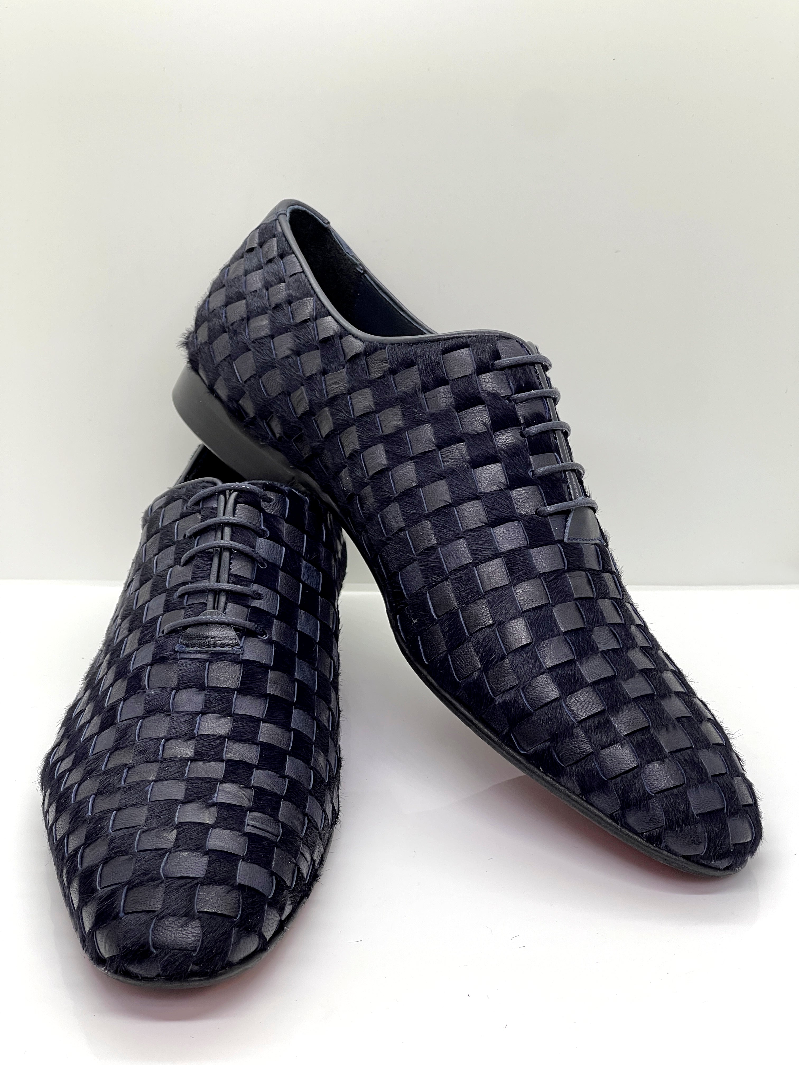 Handgemachter Herrenschuh in Flechtoptik, dunkelblau, echtes Leder