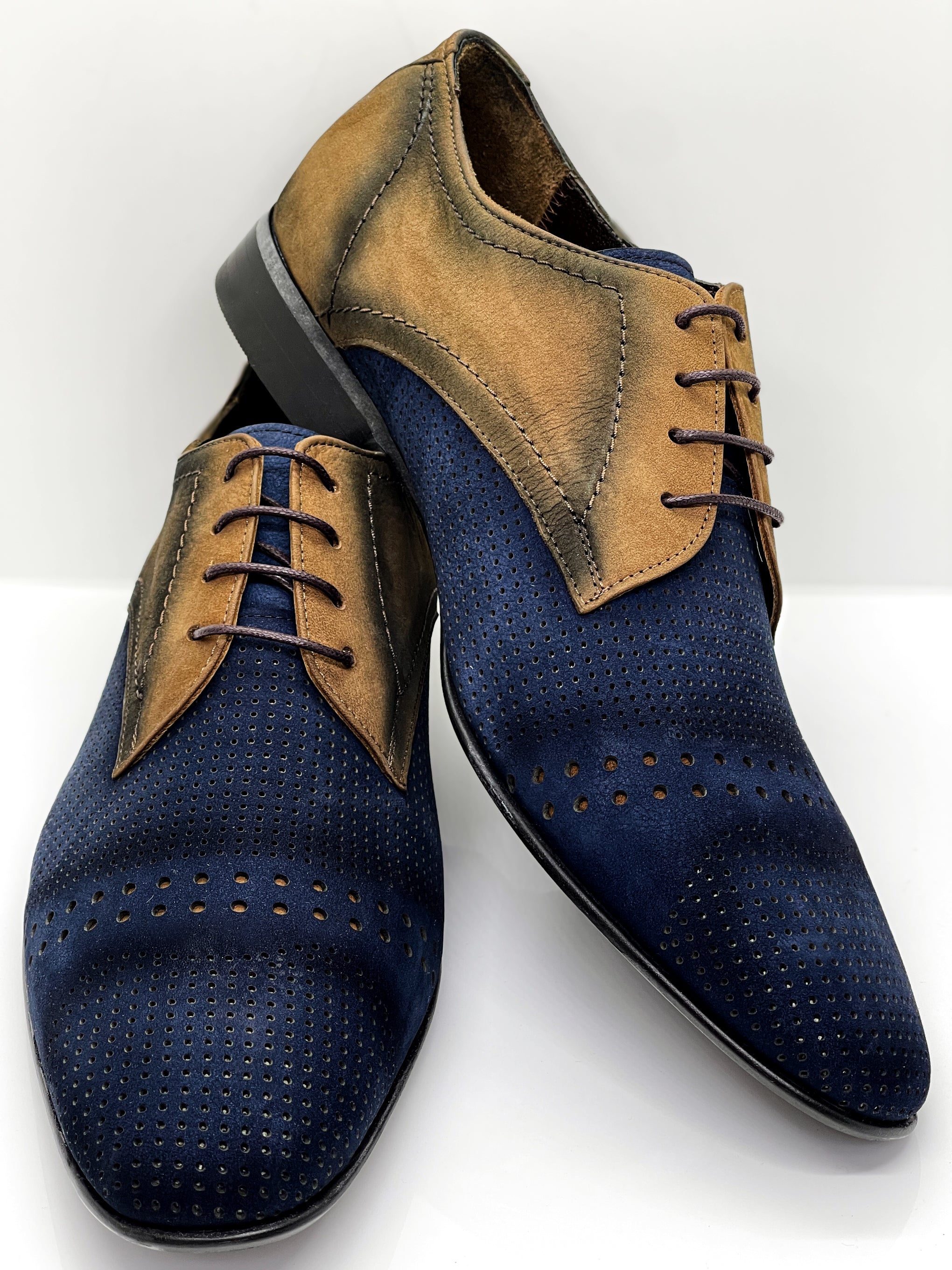 Handgemachter Herrenschuh, mit Patchworkeinsatz, blau-baun, Veloursleder, echtes Leder
