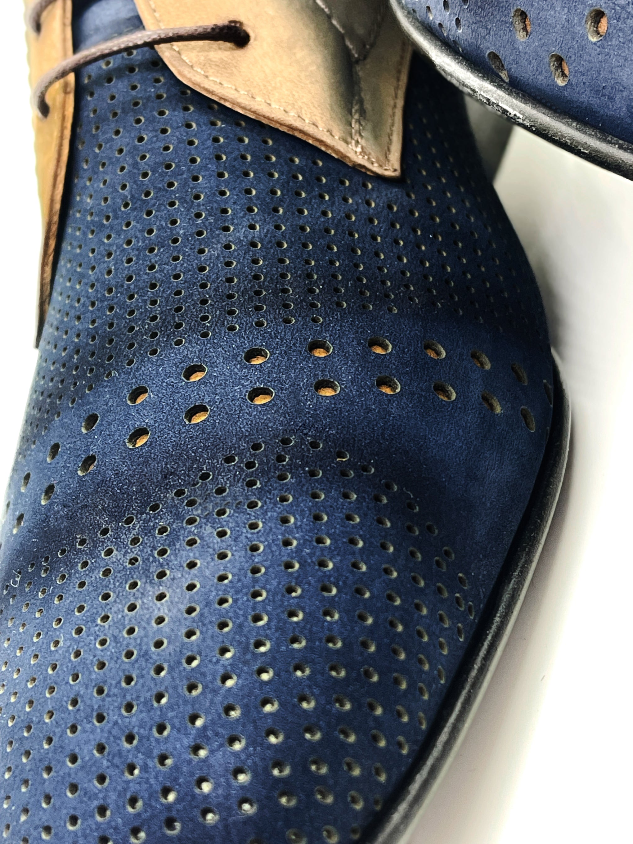 Handgemachter Herrenschuh, mit Patchworkeinsatz, blau-baun, Veloursleder, echtes Leder