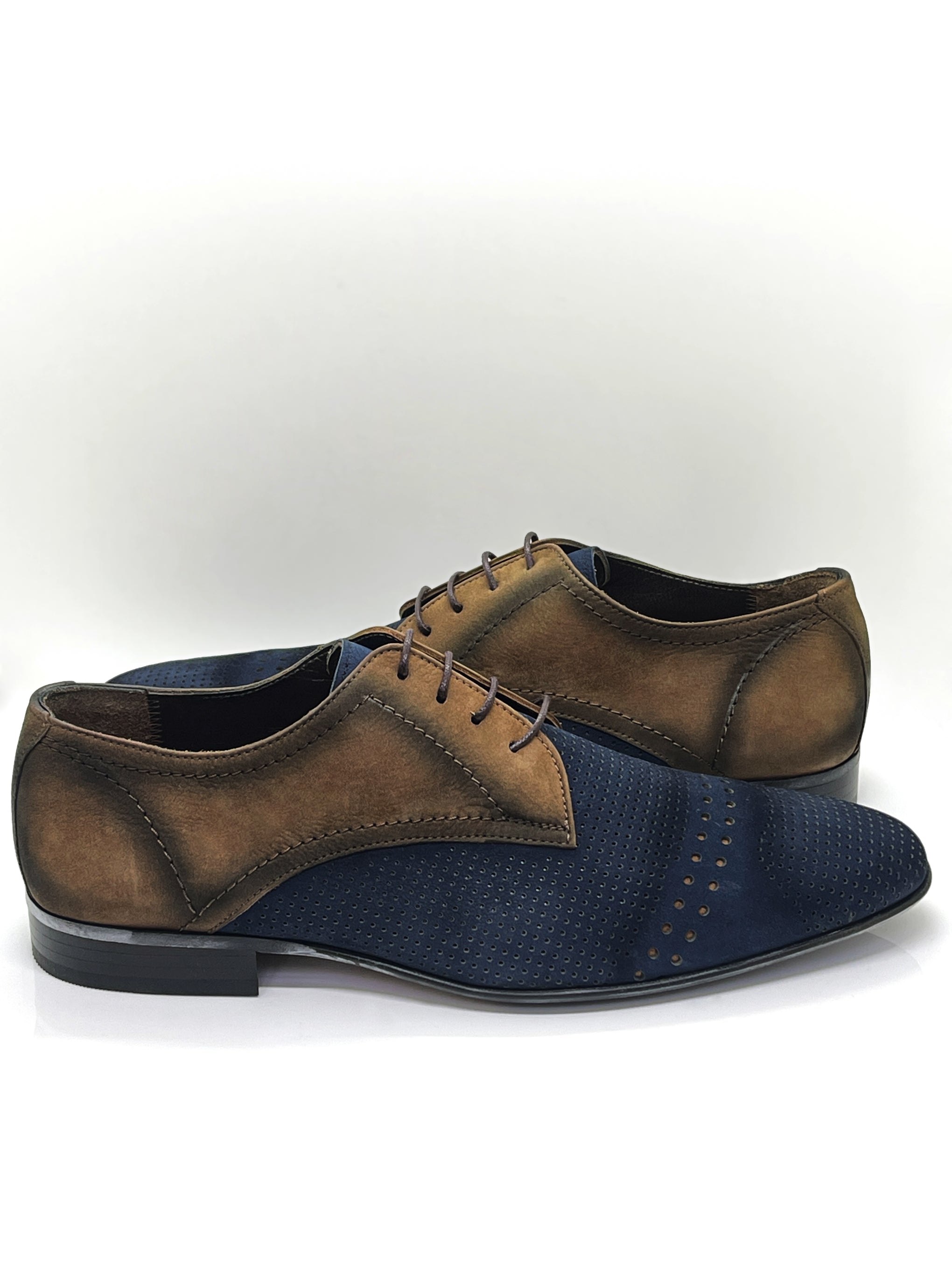 Handgemachter Herrenschuh, mit Patchworkeinsatz, blau-baun, Veloursleder, echtes Leder