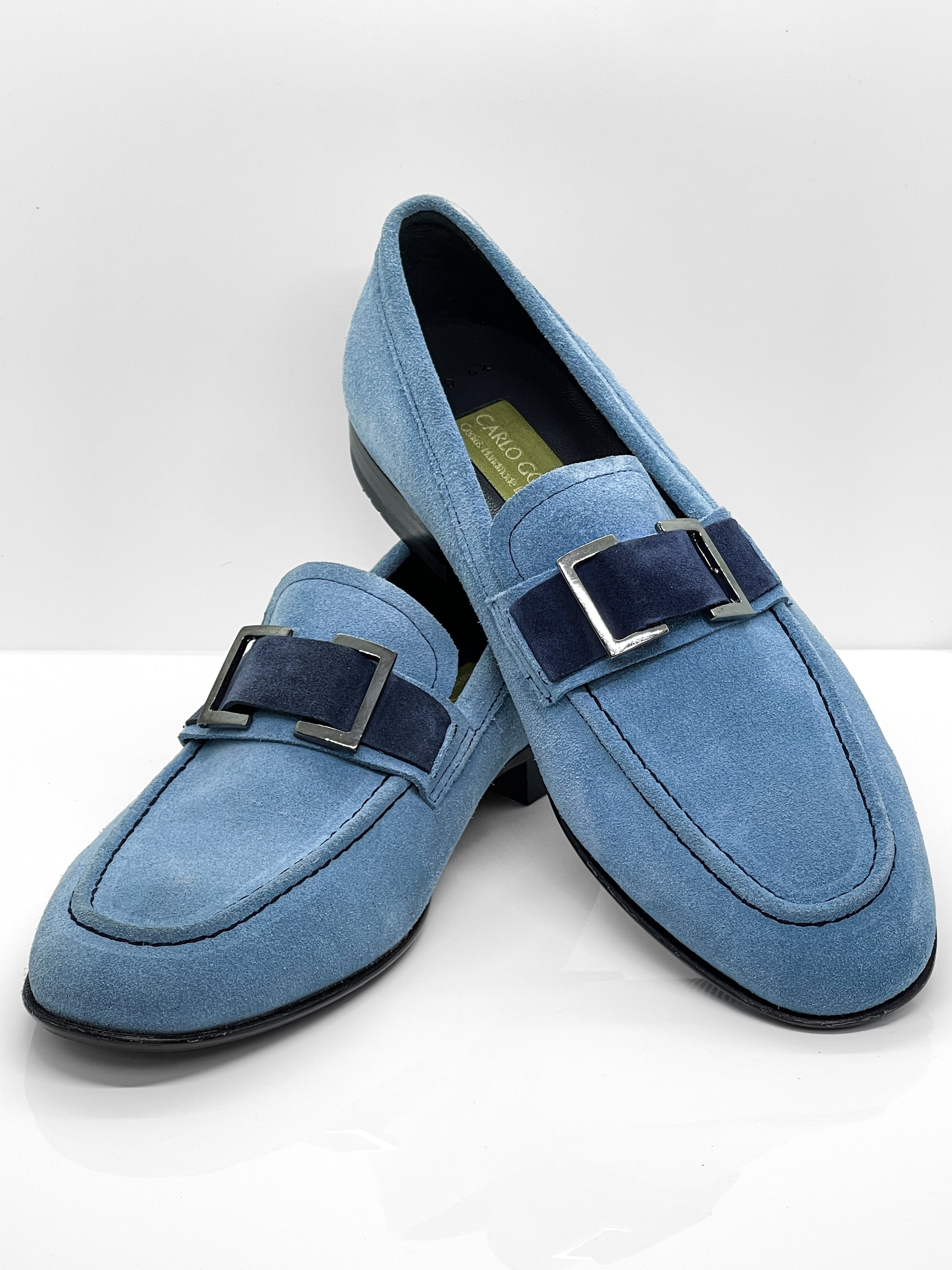 Handgemachter Herrenschuh, Slipper aus echtem Veloursleder in Hellblau