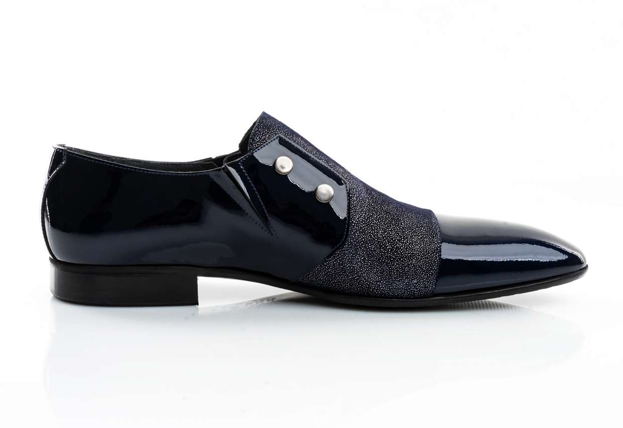 Handgemachter Herrenschuh, Slipper mit Patchwork-Einsatz im Glitterlook, dunkelblau, echtes Leder