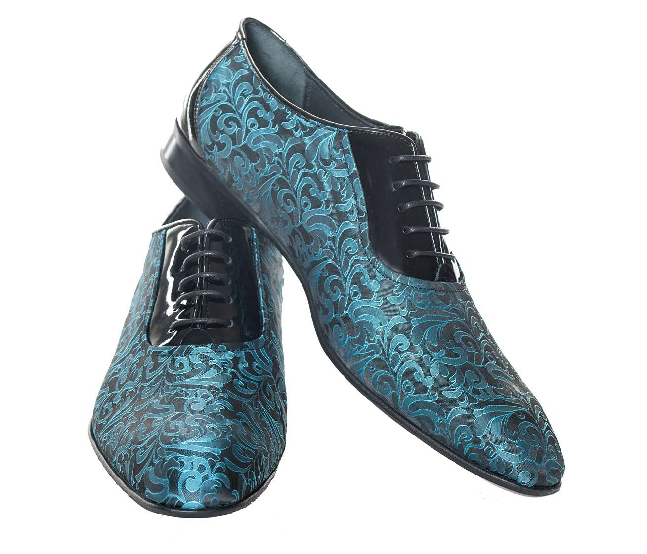 Handgemachter Herrenschuh, mit Paisley Ornamenten, Lack, schwarz/türkisblau