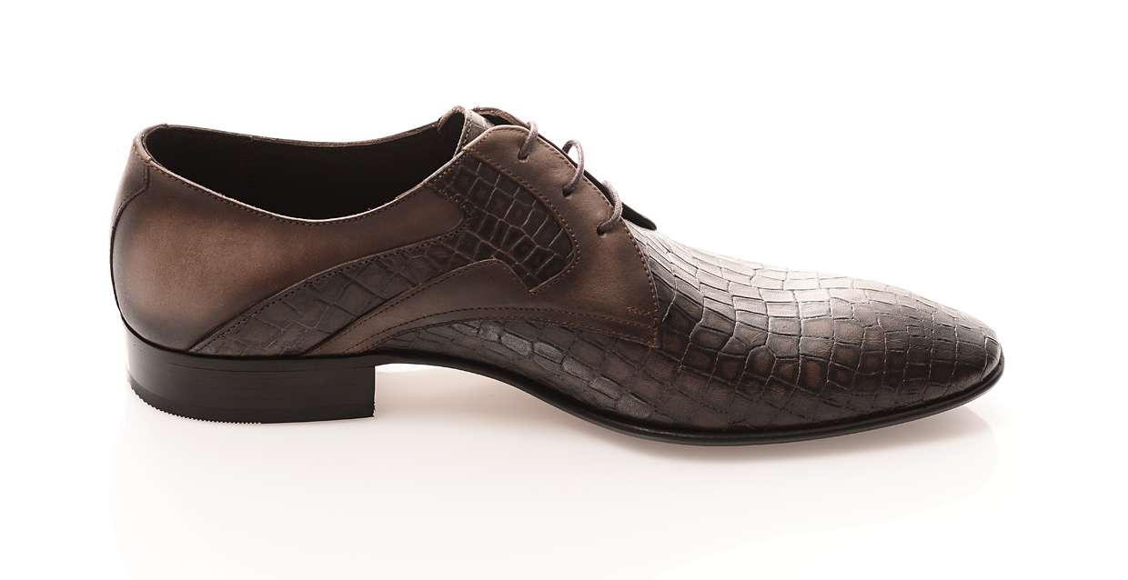 Handgemachter Herrenschuh, mit Krokoprägung, braun, echtes Leder
